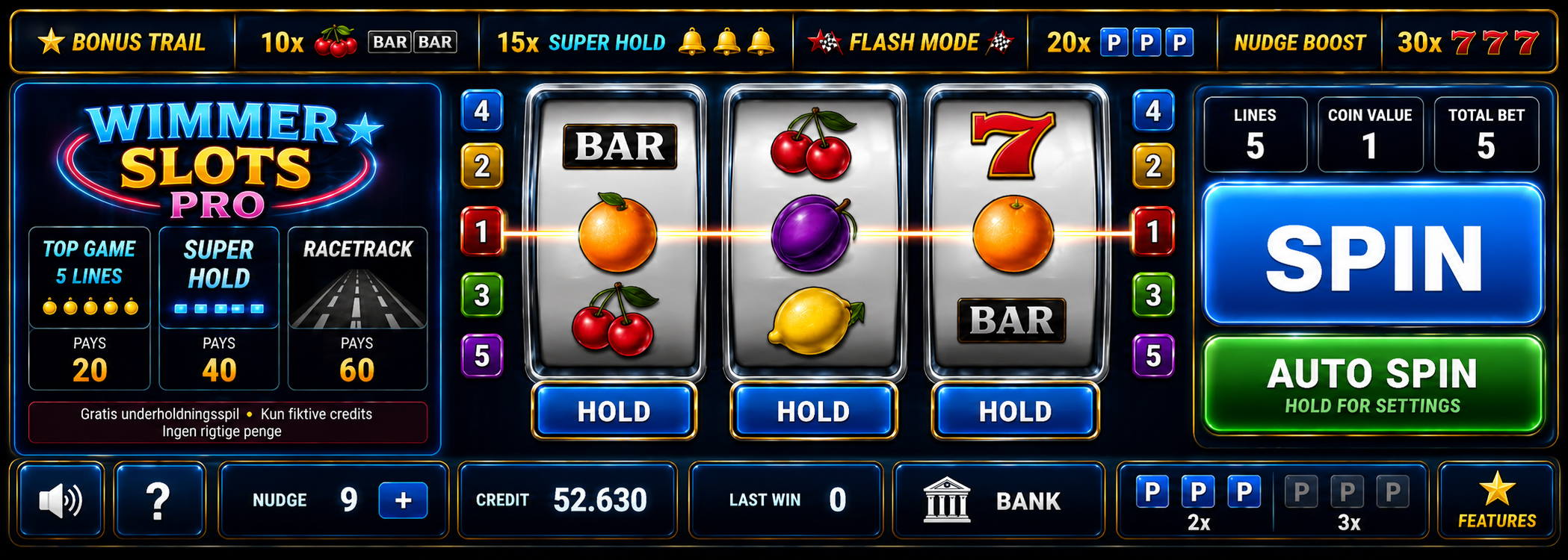 Wimmer Slots Pro casino slot design med fiktive credits og ingen rigtige penge